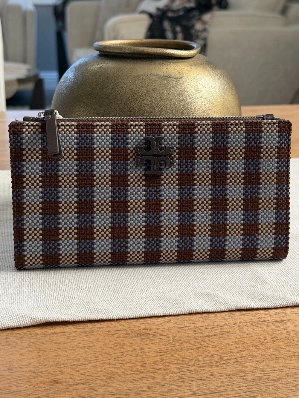 New TORY BURCH BLAKE PLAID SLIM WALLET blue multi